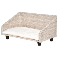 PawHut hondenmand met kussen vier voeten hondenmand gevlochten rotan stijl kattenmand hondenbank metaal polyester PE rotan lichtgrijs + wit 70,5 x 40 x 37,5 cm(m-10)