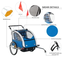 HOMCOM Kinderanhänger Fahrradanhänger Regenschutz atmungsaktiv Blau+Weiß Stahlrohr Oxford 155 x 88 x 108 cm(m-5)