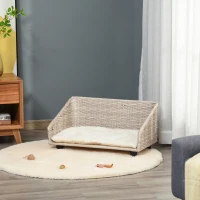 PawHut hondenmand met kussen vier voeten hondenmand gevlochten rotan stijl kattenmand hondenbank metaal polyester PE rotan lichtgrijs + wit 70,5 x 40 x 37,5 cm(m-9)