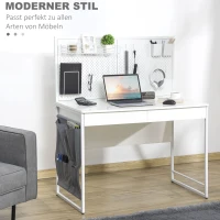 HOMCOM Computertisch mit 2 Schubladen, inkl. Notizgitter, 10 Haken, 1 Seitentasche, Weiß + Grau(m-4)