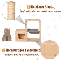 PawHut® Wielofunkcyjny Domek Skrzynka dla Kota Drapak Hamak Słupek Sizalowy Drewno Jodłowe Naturalny(m-6)