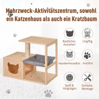 PawHut® Wielofunkcyjny Domek Skrzynka dla Kota Drapak Hamak Słupek Sizalowy Drewno Jodłowe Naturalny(m-4)