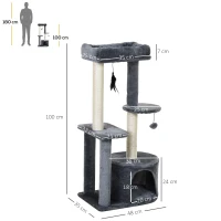 PawHut Stlapi de zgariat cu Pat Suport de catarat si 2 blaturi Alb si Gri 61x41x147cm(m-3)