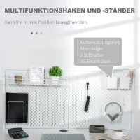 HOMCOM Computertisch mit 2 Schubladen, inkl. Notizgitter, 10 Haken, 1 Seitentasche, Weiß + Grau(m-6)