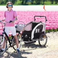 HOMCOM 2-in-1 fietskar voor kinderen fietsaanhanger jogger fietskar 360° draaibaar wit-zwart(m-9)