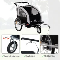 HOMCOM 2-in-1 fietskar voor kinderen fietsaanhanger jogger fietskar 360° draaibaar wit-zwart(m-6)