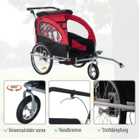 HOMCOM 2-in- kinderkar fietsaanhanger jogger fietskar 360° draaibaar rood-zwart(m-6)