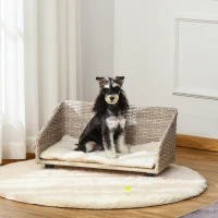 PawHut hondenmand met kussen vier voeten hondenmand gevlochten rotan stijl kattenmand hondenbank metaal polyester PE rotan lichtgrijs + wit 70,5 x 40 x 37,5 cm(m-2)