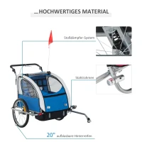 HOMCOM Kinderanhänger Fahrradanhänger Regenschutz atmungsaktiv Blau+Weiß Stahlrohr Oxford 155 x 88 x 108 cm(m-6)