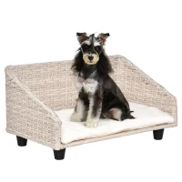 PawHut hondenmand met kussen vier voeten hondenmand gevlochten rotan stijl kattenmand hondenbank metaal polyester PE rotan lichtgrijs + wit 70,5 x 40 x 37,5 cm(m-1)