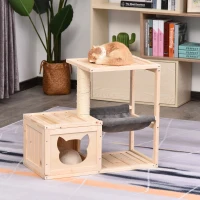 PawHut kattenhuis kattenbox kattenboom met hangmat sisal paal vurenhout naturel(m-10)