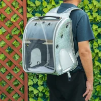 PawHut 2 en 1 trolley chariot sac à dos sac de transport à roulettes pour chat chariot panier à roulette porte transparente longueur de tige de traction réglable 34 x 30 x 54 cm gris(m-2)