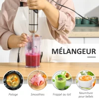 HOMCOM Mixeur Plongeant Multifonction 3 en 1 Vitesse réglable turbo1000 W - mélangeur à Main, hâchoir, Batteur - Acier INOX. ABS Noir(m-8)