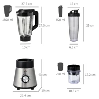 HOMCOM Blender 1000 W - 4 modes - 5 vitesses + fonction pulse - bol gradué 1,5 L, verre, grinder inclus - système verrouillage sécurité - nettoyage facile - acier inox. verre(m-3)