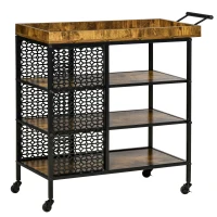 HOMCOM Desserte de Cuisine - Chariot de Service 3 étagères de rangement et Plateau à Rebord - châssis métal Noir avec parois ajourées et poignée - Aspect Bois Rustique(m-11)