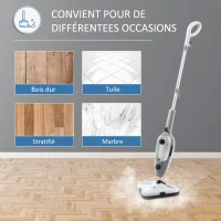 HOMCOM Balai vapeur nettoyeur vapeur à main puissance 1300 W 450 ml adapté à toutes les surfaces et les tapis 11 accessoires inclus 99,9% des bactéries et germes tués sans produit chimique blanc gris(m-7)