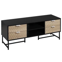 HOMCOM Meuble TV Banc TV Style Graphique - 4 tiroirs, 2 niches, 2 Passe-Fils - piètement métal Panneaux Particules Aspect Bois de chêne sculpté à Chevrons Noir(m-1)