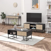 HOMCOM Meuble TV Banc TV Style Graphique - 4 tiroirs, 2 niches, 2 Passe-Fils - piètement métal Panneaux Particules Aspect Bois de chêne sculpté à Chevrons Noir(m-2)