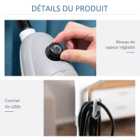 HOMCOM Balai vapeur nettoyeur vapeur à main puissance 1300 W 450 ml adapté à toutes les surfaces et les tapis 11 accessoires inclus 99,9% des bactéries et germes tués sans produit chimique blanc gris(m-8)