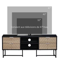 HOMCOM Meuble TV Banc TV Style Graphique - 4 tiroirs, 2 niches, 2 Passe-Fils - piètement métal Panneaux Particules Aspect Bois de chêne sculpté à Chevrons Noir(m-4)