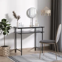 HOMCOM Coiffeuse Design Contemporain Table de Maquillage Plateau Verre trempé étagère Miroir pivotant métal Noir(m-7)