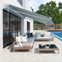 Outsunny Store banne électrique et Manuel rétractable dim. 3,95L x 3l (avancée) m télécommande fournie alu. Polyester Haute densité imperméabilisé Anti-UV Vert Blanc rayé(m-2)