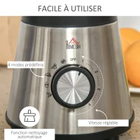 HOMCOM Blender 1000 W - 4 modes - 5 vitesses + fonction pulse - bol gradué 1,5 L, verre, grinder inclus - système verrouillage sécurité - nettoyage facile - acier inox. verre(m-6)