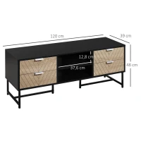 HOMCOM Meuble TV Banc TV Style Graphique - 4 tiroirs, 2 niches, 2 Passe-Fils - piètement métal Panneaux Particules Aspect Bois de chêne sculpté à Chevrons Noir(m-3)