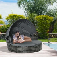 Outsunny Bain de soleil chaise longue salon de jardin exterieur modulable en résine tressée avec pare soleil pliable 5 coussins 3 oreillers 175l x 180P x 147H cm gris(m-10)