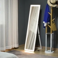 HOMCOM Miroir LED sur Pied ou Mural au Choix - intensité et Couleur réglable - télécommande Incluse - Verre MDF Blanc(m-2)