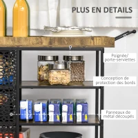 HOMCOM Desserte de Cuisine - Chariot de Service 3 étagères de rangement et Plateau à Rebord - châssis métal Noir avec parois ajourées et poignée - Aspect Bois Rustique(m-7)