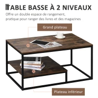 HOMCOM Table Basse en Bois Table de Salon avec Grand Plateau et Étagère Design Élégant Rétro Idéale pour Salon Chambre Bureau 100 x 60 x 50 cm Brun(m-4)