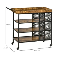 HOMCOM Desserte de Cuisine - Chariot de Service 3 étagères de rangement et Plateau à Rebord - châssis métal Noir avec parois ajourées et poignée - Aspect Bois Rustique(m-3)