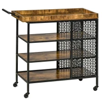 HOMCOM Desserte de Cuisine - Chariot de Service 3 étagères de rangement et Plateau à Rebord - châssis métal Noir avec parois ajourées et poignée - Aspect Bois Rustique(m-1)