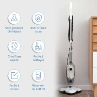 HOMCOM Balai vapeur nettoyeur vapeur à main puissance 1300 W 450 ml adapté à toutes les surfaces et les tapis 11 accessoires inclus 99,9% des bactéries et germes tués sans produit chimique blanc gris(m-5)
