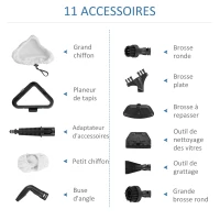 HOMCOM Balai vapeur nettoyeur vapeur à main puissance 1300 W 450 ml adapté à toutes les surfaces et les tapis 11 accessoires inclus 99,9% des bactéries et germes tués sans produit chimique blanc gris(m-4)