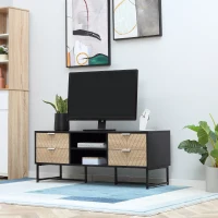 HOMCOM Meuble TV Banc TV Style Graphique - 4 tiroirs, 2 niches, 2 Passe-Fils - piètement métal Panneaux Particules Aspect Bois de chêne sculpté à Chevrons Noir(m-10)