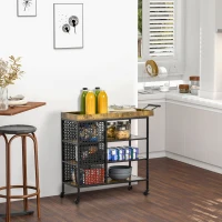 HOMCOM Desserte de Cuisine - Chariot de Service 3 étagères de rangement et Plateau à Rebord - châssis métal Noir avec parois ajourées et poignée - Aspect Bois Rustique(m-2)