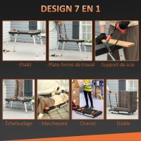 DURHAND Établi de travail, Plaforme de travail, Diable,Support de scie, Échafaudage, Marchepied, Chariot Pliable Multifonction 7 en 1 - Charge Max 150 kg(m-4)