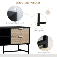 HOMCOM Meuble TV Banc TV Style Graphique - 4 tiroirs, 2 niches, 2 Passe-Fils - piètement métal Panneaux Particules Aspect Bois de chêne sculpté à Chevrons Noir(m-6)
