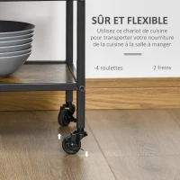 HOMCOM Desserte de Cuisine - Chariot de Service 3 étagères de rangement et Plateau à Rebord - châssis métal Noir avec parois ajourées et poignée - Aspect Bois Rustique(m-5)