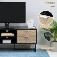 HOMCOM Meuble TV Banc TV Style Graphique - 4 tiroirs, 2 niches, 2 Passe-Fils - piètement métal Panneaux Particules Aspect Bois de chêne sculpté à Chevrons Noir(m-7)