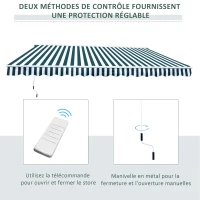 Outsunny Store banne électrique et Manuel rétractable dim. 3,95L x 3l (avancée) m télécommande fournie alu. Polyester Haute densité imperméabilisé Anti-UV Vert Blanc rayé(m-4)