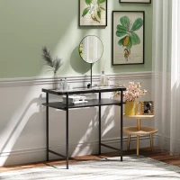 HOMCOM Coiffeuse Design Contemporain Table de Maquillage Plateau Verre trempé étagère Miroir pivotant métal Noir(m-2)