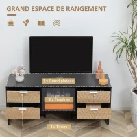 HOMCOM Meuble TV Banc TV Style Graphique - 4 tiroirs, 2 niches, 2 Passe-Fils - piètement métal Panneaux Particules Aspect Bois de chêne sculpté à Chevrons Noir(m-5)
