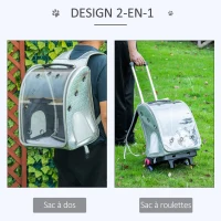 PawHut 2 en 1 trolley chariot sac à dos sac de transport à roulettes pour chat chariot panier à roulette porte transparente longueur de tige de traction réglable 34 x 30 x 54 cm gris(m-4)