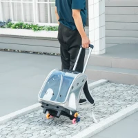 PawHut 2 en 1 trolley chariot sac à dos sac de transport à roulettes pour chat chariot panier à roulette porte transparente longueur de tige de traction réglable 34 x 30 x 54 cm gris(m-10)