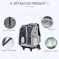 PawHut 2 en 1 trolley chariot sac à dos sac de transport à roulettes pour chat chariot panier à roulette porte transparente longueur de tige de traction réglable 34 x 30 x 54 cm gris(m-7)