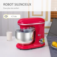 HOMCOM Robot patissier multifonctions 1200W - robot cuisine capacité XL 5,5L - 6 vitesses - batteur, couvercle anti-projections, crochet pétrisseur - transmission directe - acier inox. ABS rouge(m-7)