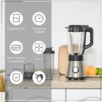 HOMCOM Blender 1000 W - 4 modes - 5 vitesses + fonction pulse - bol gradué 1,5 L, verre, grinder inclus - système verrouillage sécurité - nettoyage facile - acier inox. verre(m-5)
